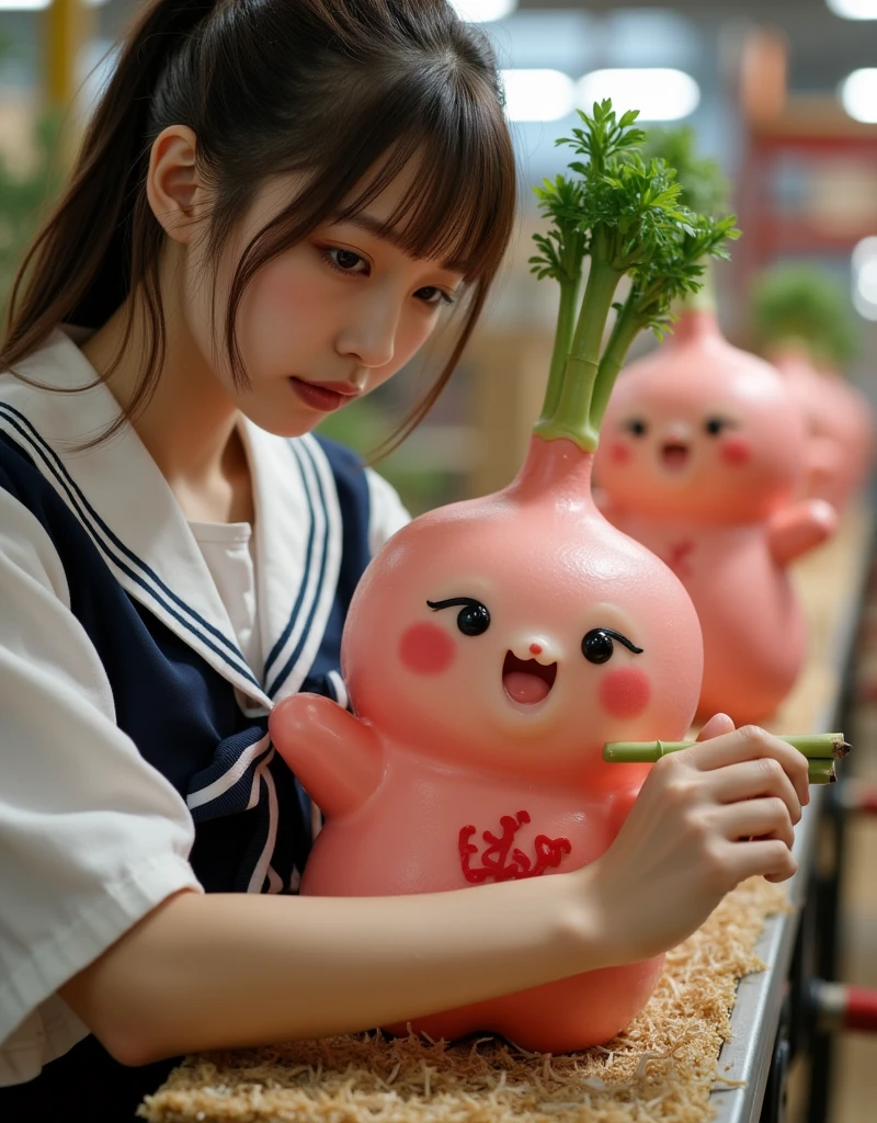 ultra-realistic, photorealistic, dramatic scene, shadow, global-illumination, solo, very beautiful Japanese woman, she is high ****** student, she works part-time at the factory, very beautiful with very cute but boyish cool face, wearing high school sailor uniform, she is working at the factory, She is decorating a cute radish character statue that is being carried on a conveyor belt, Many identical statue are being carried on a conveyor belt in an orderly fashion, statue\(Japanese New year's decoration that locating at the entrance of the home, cute daikon radish character, smiled cute face, medium length, chubby, arranged with three cut bamboo stalks of varying heights that standing upright in the center and surrounded by pine branches and secured with a straw mat\), the factory is gorgeously decorated with bamboo and festive new year's celebration, shoot from side