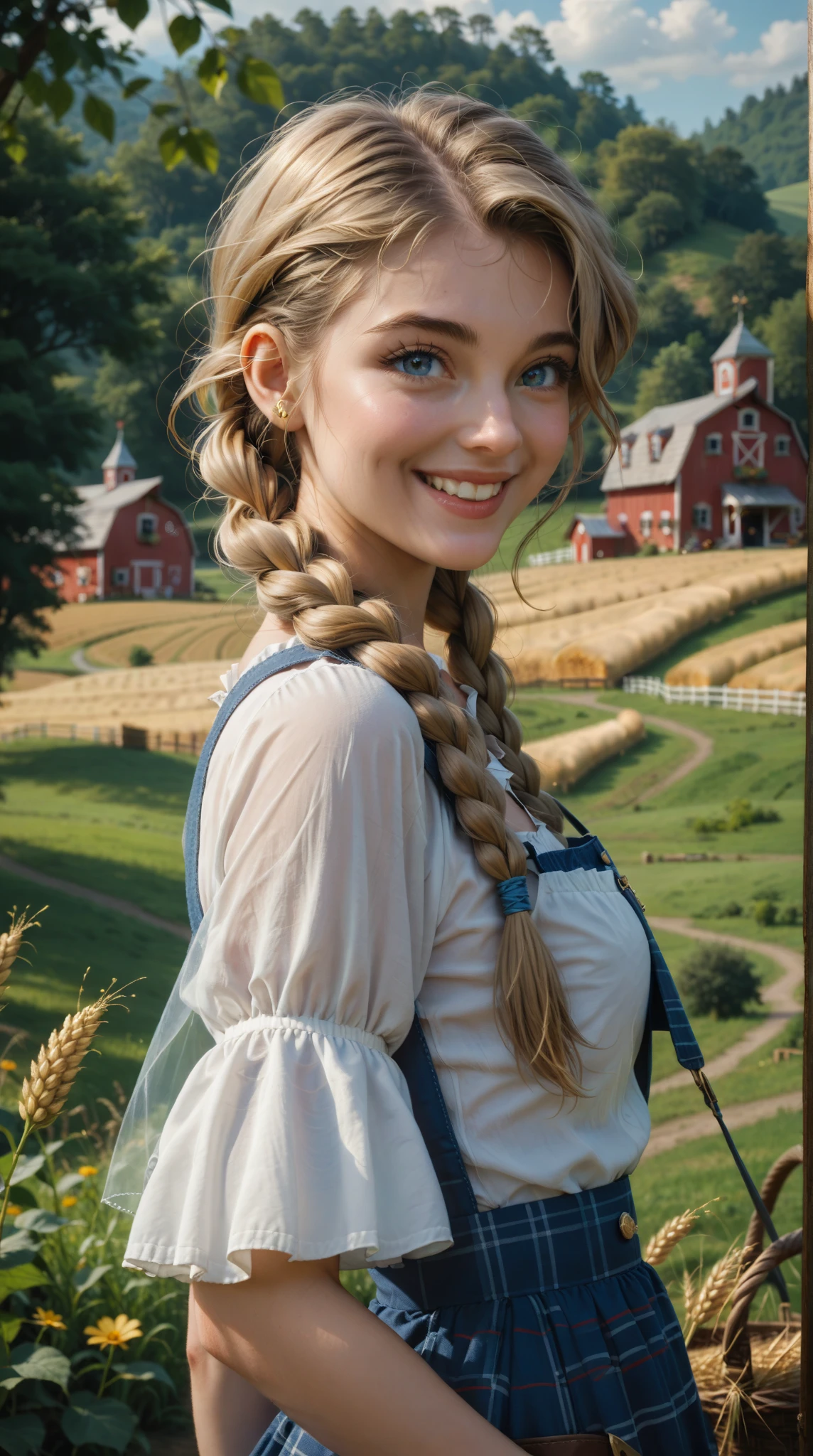 1girl, 20 years old,  tall and attractive ,  wearing cute country clothes ,  hair into braids ,  standing in a rural farm setting .  She has a soft ,  Take pictures like taking 35mm film .  with a charming barn ,  .   Gentle smile and expressive eyes {x} composition should be bathed in warm golden time, ， with shallow depth of field and soft focus ， to accentuate the rustic tranquility .  Golden wheat fields and blue sky ,Add flair , Movie,