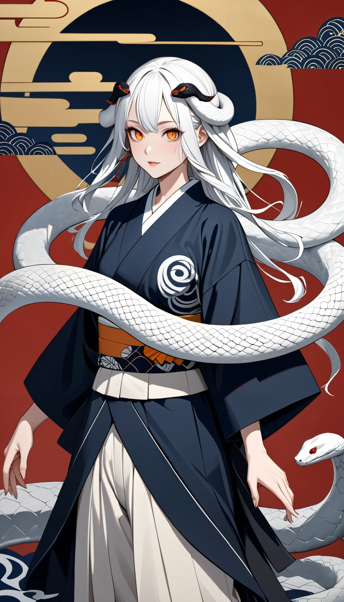 zodiac（snake）Personification of, White Snake, kimono（white）, Kimono remade wide pants, Casual upper body(Bleaching、bandage）, Flutter your coat and dance gracefully,  very beautiful face , An innocent modern snake god who plays with a giant white snake, snake hair ornament, orange eyes, snake pupils, Ukiyo-e, depth of field, cowboy shot, UHD, retina, masterpiece, accurate, textured skin, anatomically correct, super detail, high details, high quality, highres, best quality, award winning, 16k