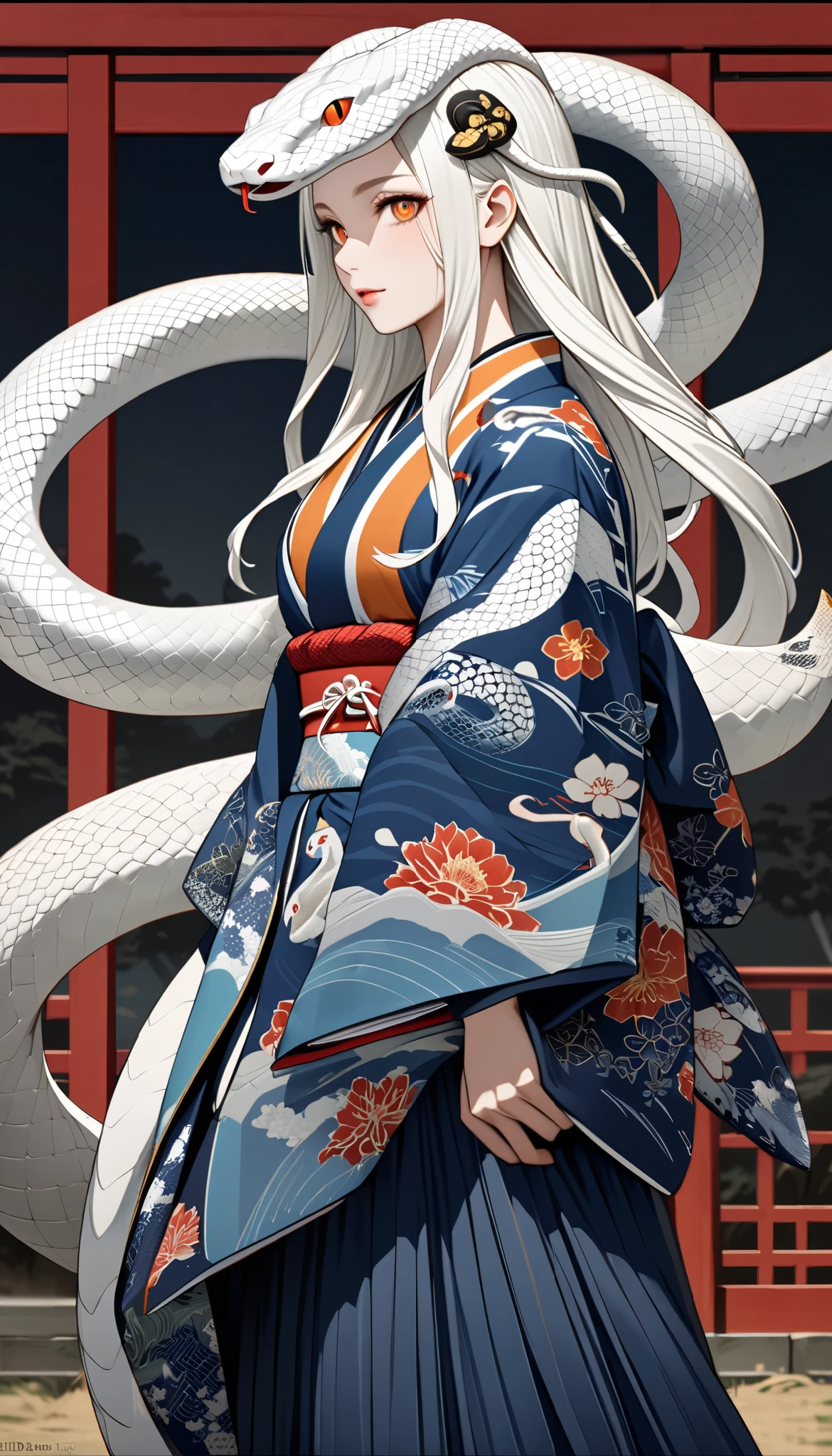 zodiac（snake）Personification of, White Snake, kimono（white）, Kimono remade wide pants, Casual upper body(Bleaching、bandage）, Flutter your coat and dance gracefully,  very beautiful face , An innocent modern snake god who plays with a giant white snake, snake hair ornament, orange eyes, snake pupils, Ukiyo-e, depth of field, cowboy shot, UHD, retina, masterpiece, accurate, textured skin, anatomically correct, super detail, high details, high quality, highres, best quality, award winning, 16k