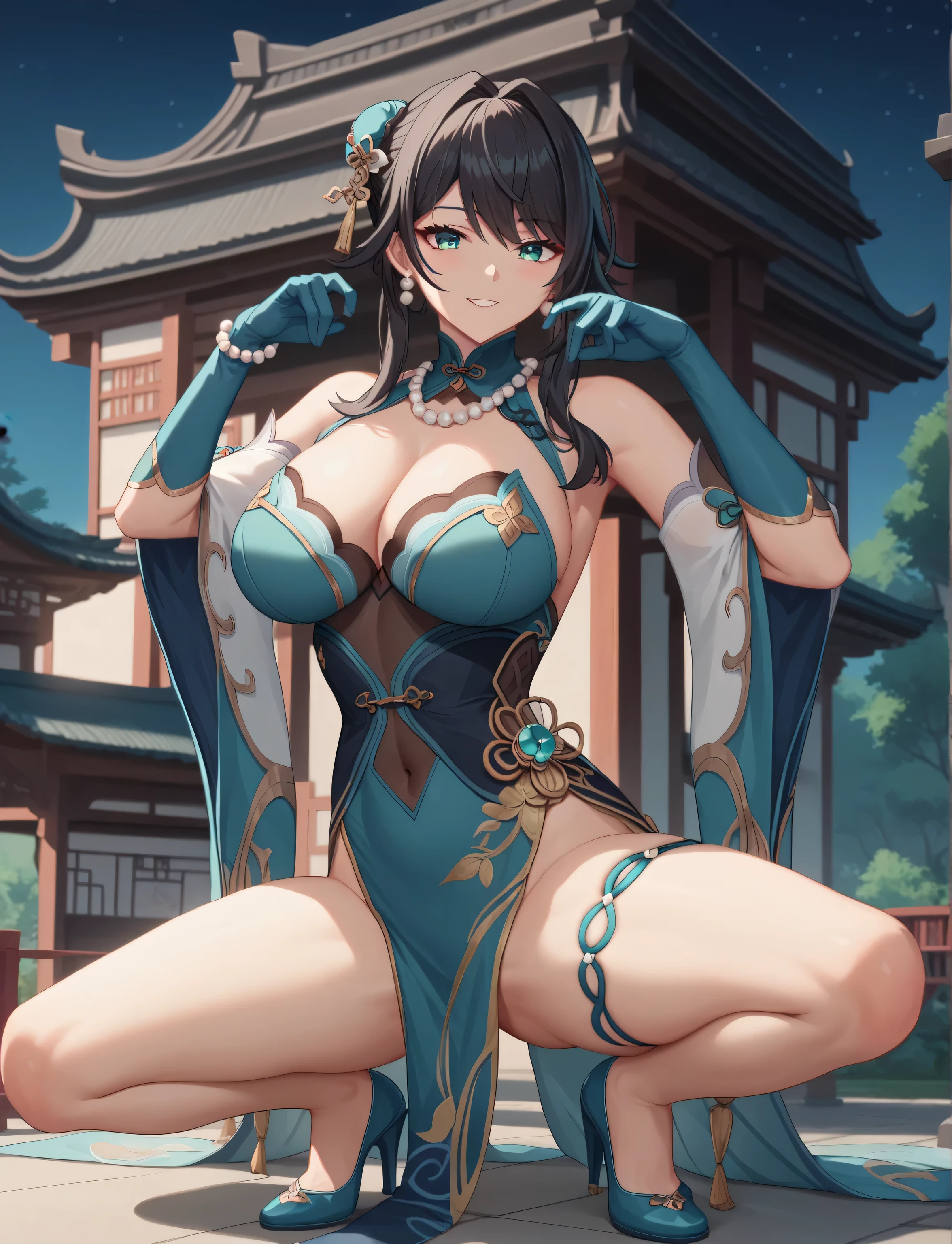 masterpiece, best quality, (anime screencap), 1woman, ruan mei, long black hair, single hair bun, sidelocks, streaked hair, bangs, aqua eyes, ((young female, sexy body, big breasts)), hairpin, hair ornament, chinese clothes, clothing cutout, aqua dress, pearl earrings, pearl necklace, thigh strap, bare shoulders, covered navel, aqua collar, jewelry, detached sleeves, elbow aqua gloves, high aqua heels, natural shading, perfect fingers, perfect body, naughty smile, outdoors, temple, night, simple backround, squatting pose, legs spread,