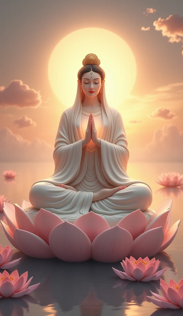 Tara :
   - A serene goddess with a calming presence, often depicted with a gentle smile. She can be shown sitting on a lotus or a throne, surrounded by lotus flowers, with a soft green or blue background, symbolizing compassion and protection. In dall e-3 style