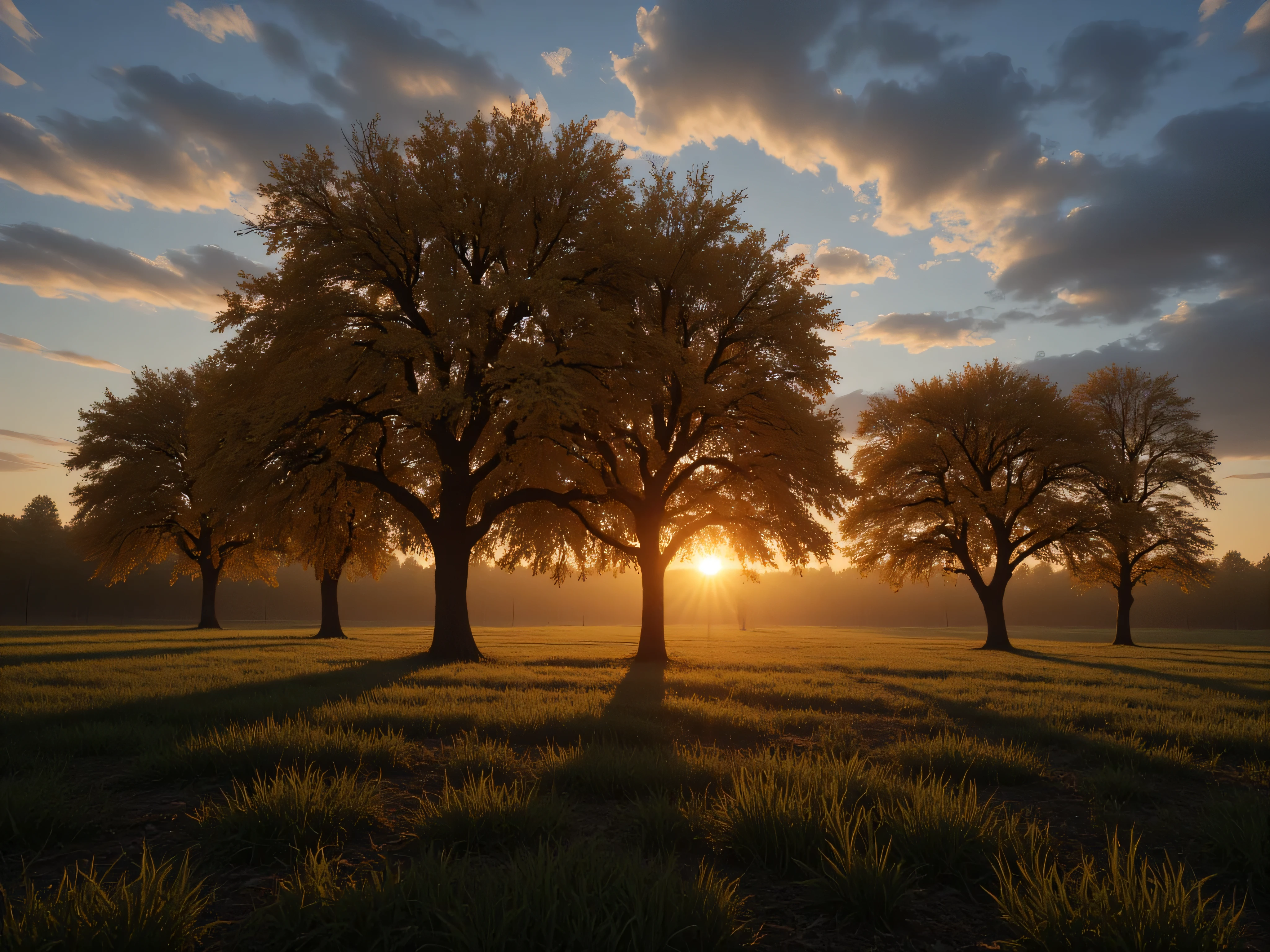 Arafed trees in a field with sunset in the background,  Artur Tarnovsky photo  ,  Unsplash Contest Winners ,   digital art , Detailed Field Nature , Landscape photography 4k , Today\ featured photo 4K ,  Amazing Scenery Images ,  perfect scenery , Scenery 4k , A breathtakingly beautiful tree々,  breathtakingly beautiful trees 々, 4K Landscape