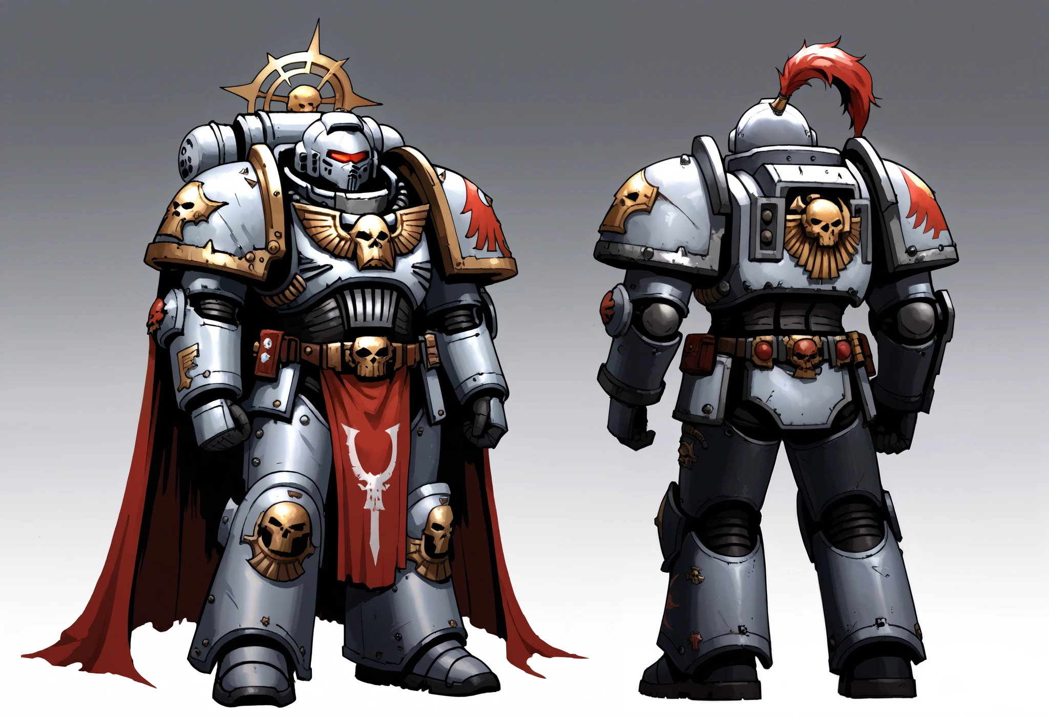 Anime, Concept art, Absurd resolution, high resolution, (masterpiece: 1.4), hyper-detail, warhammer 40k terminator armor, Juggernaut armor, heavy armor, knight,  full body, glowing weapon, cloak, silver armor, edgy, grimdark, octosoup, 1man, bulky, buff, red plume, loin cloth, primaris helmet, reference sheet, iron halo, grey knight, space marine, GreyK40k, reference sheet,