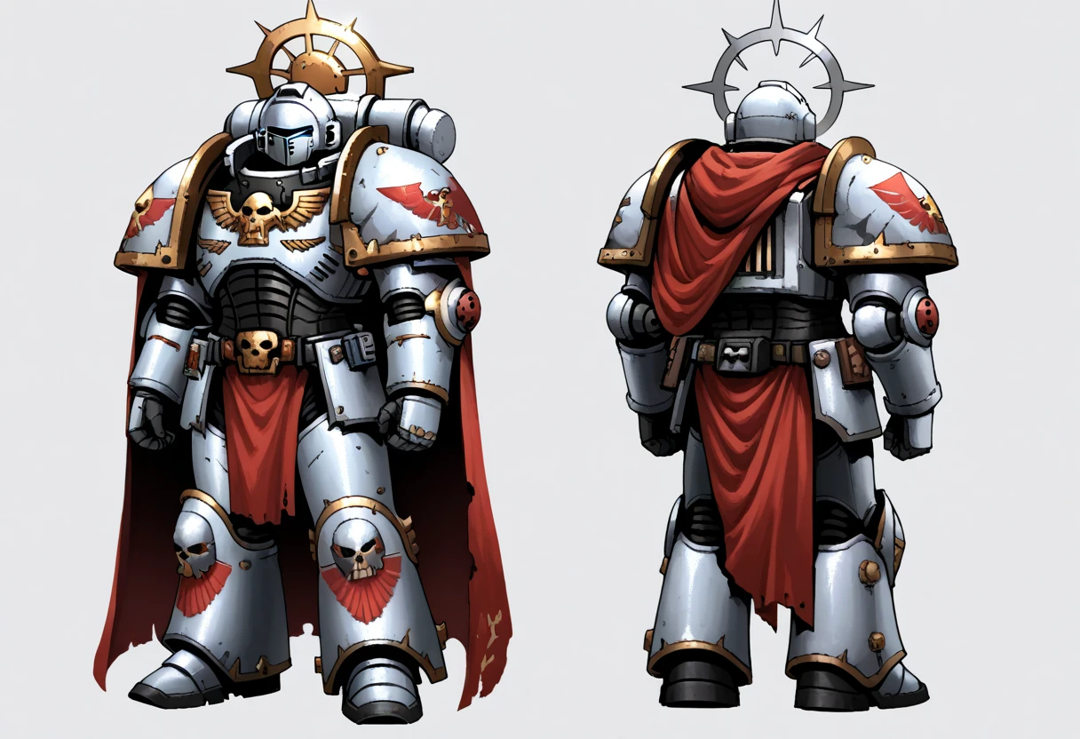 Anime, Concept art, Absurd resolution, high resolution, (masterpiece: 1.4), hyper-detail, warhammer 40k terminator armor, Juggernaut armor, heavy armor, knight,  full body, glowing weapon, cloak, silver armor, edgy, grimdark, octosoup, 1man, bulky, buff, red plume, loin cloth, primaris helmet, reference sheet, iron halo, grey knight, space marine, GreyK40k, reference sheet, symmetrical,