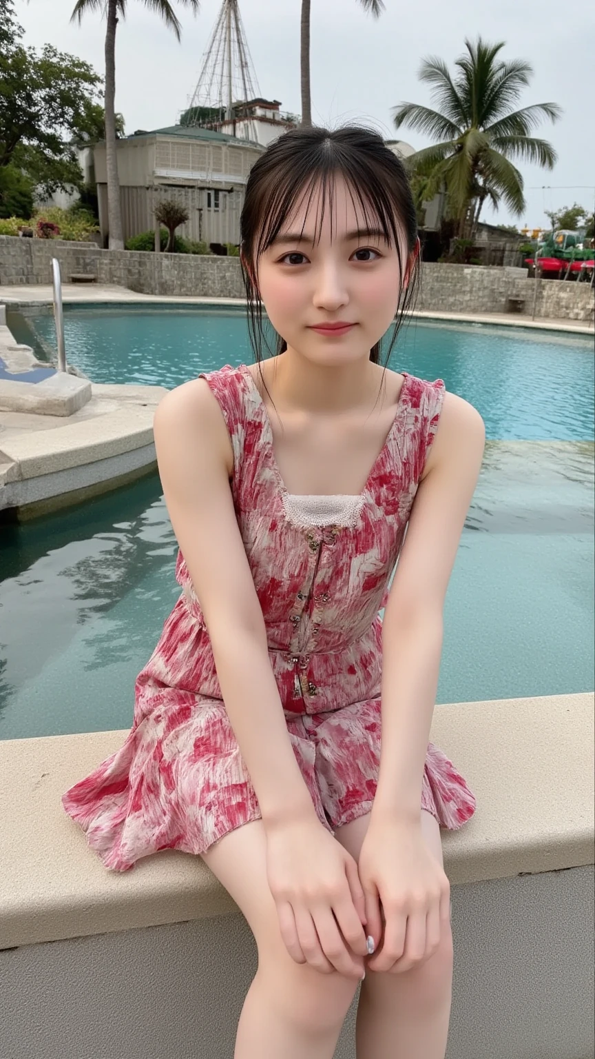 The right body as a human 、 the right body as a woman、 FRONT FULL BODY SHOT 、Please wear a cute bikini swimsuit,  Bend your knees and take a cross-legged pose,  and sit down staring at me, Bare legs 、smile、  has a monotone background  

 