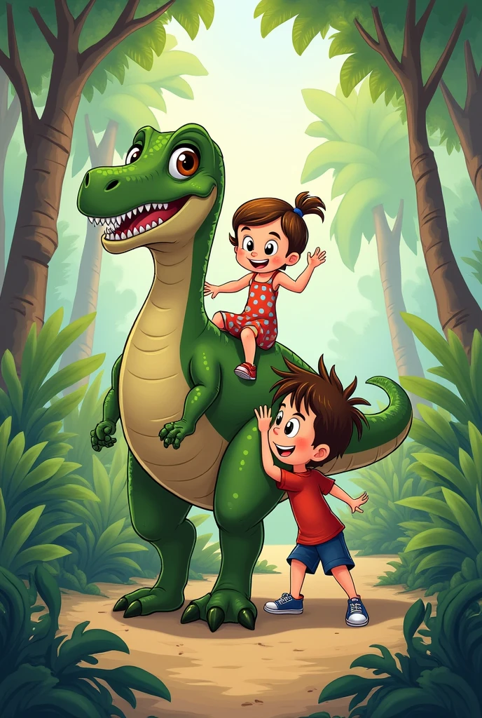 features a colorful and vibrant illustration of a smiling boy named 3-year-old Lucas holding the hand of a friendly green dinosaur.
 Both are in a prehistoric setting, with tall trees and mountains in the background.