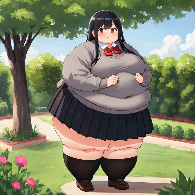 The background is a city., perfect by white girl, loli in dress, by white, by white god, cute anime waifu with beautiful clothes, ((huge giant breasts)), Best Anime Wallpaper 4K, little obese loli, black girl hair, standing on a tree, in a park, super detailed face,