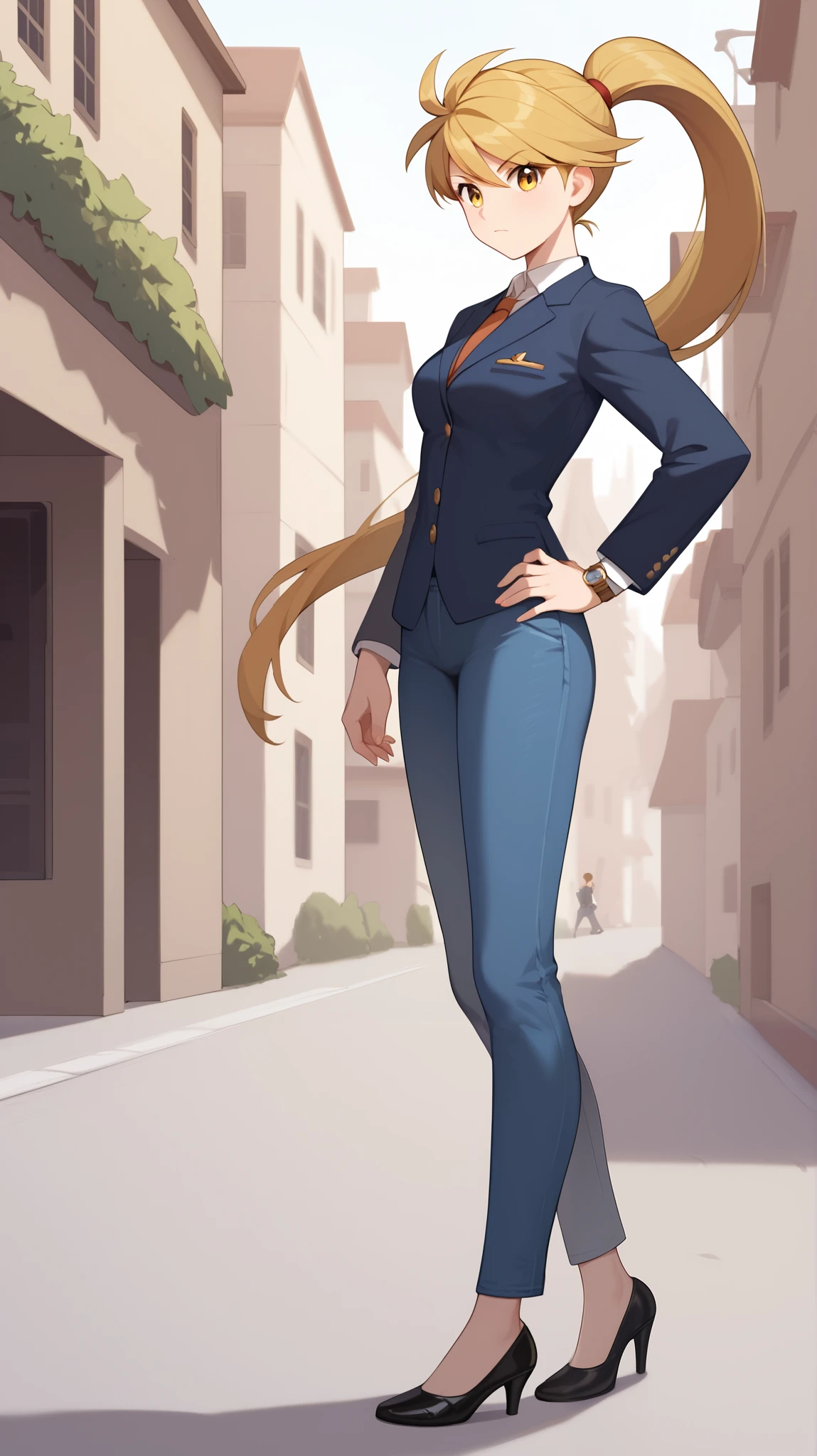 (( top quality )), ((masterpiece)), (( Details)), 1girl,  golden hair color,  ponytail,  long hair, Yellow Eyes,  career woman,  business suit, jeans suit ,  black high heels,  Tall,  ANIME COLORING BOOK,  Watch Viewers , 1 Female, Age 17,  is standing, whole body, Place one hand on hip,  slim figure,  serious expression, Two legs, two arms, Outdoor, town, (\ Pokémon\), 
