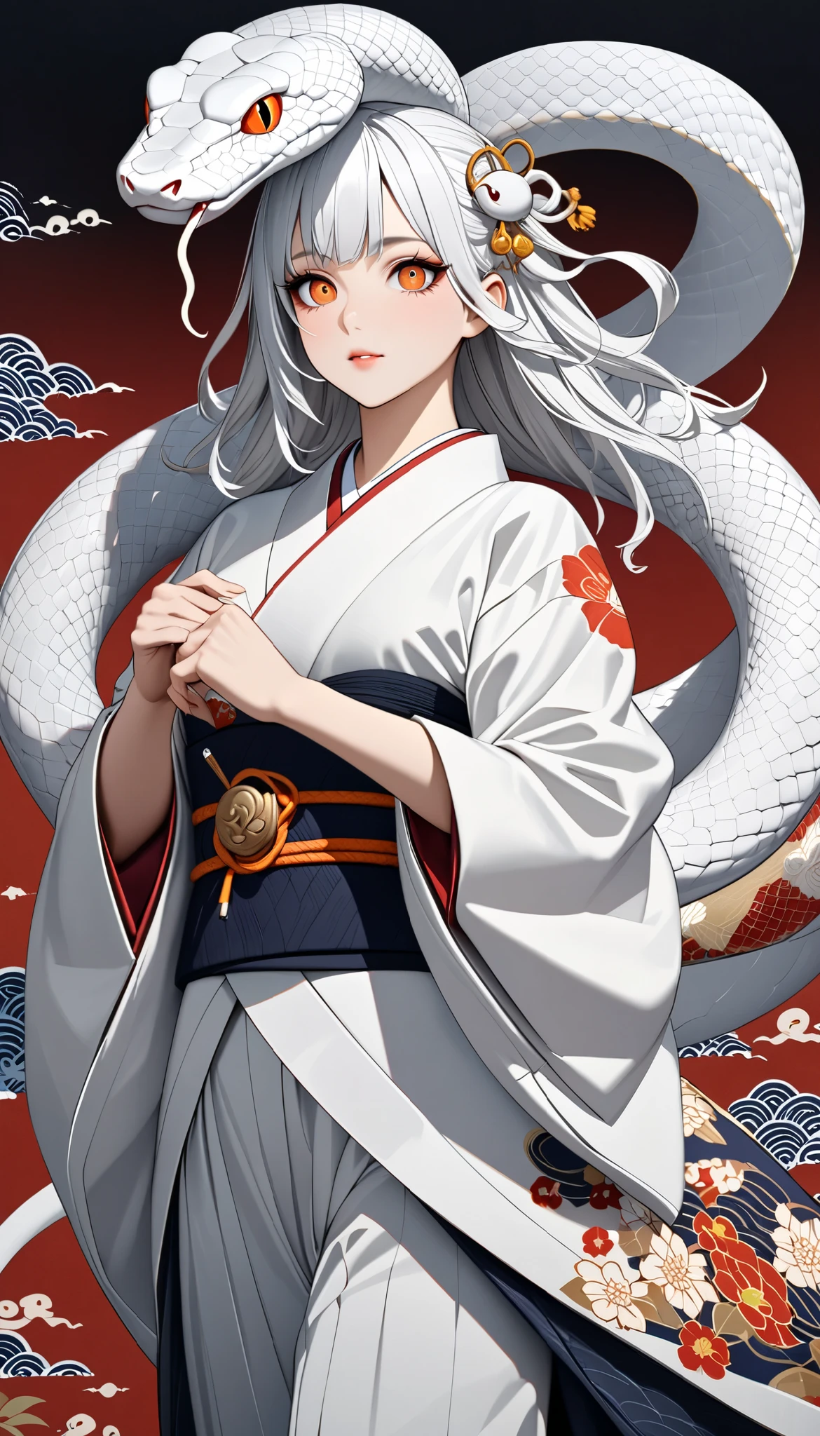 zodiac（snake）Personification of, White Snake, kimono（white）, Kimono remade wide pants, Casual upper body(Bleaching、bandage）, Flutter your coat and dance gracefully,  very beautiful face , An innocent modern snake god who plays with a giant white snake, snake hair ornament, orange eyes, snake pupils, Ukiyo-e, depth of field, cowboy shot, UHD, retina, masterpiece, accurate, textured skin, anatomically correct, super detail, high details, high quality, highres, best quality, award winning, 16k