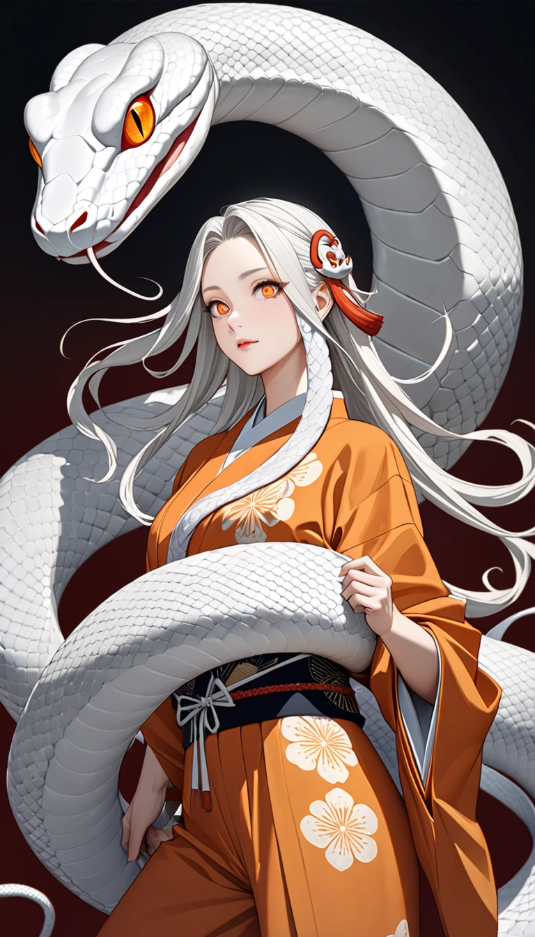 zodiac（snake）Personification of, White Snake, kimono（white）, Kimono remade wide pants, Casual upper body(Bleaching、bandage）, Flutter your coat and dance gracefully,  very beautiful face , An innocent modern snake god who plays with a giant white snake, snake hair ornament, orange eyes, snake pupils, Ukiyo-e, depth of field, cowboy shot, UHD, retina, masterpiece, accurate, textured skin, anatomically correct, super detail, high details, high quality, highres, best quality, award winning, 16k