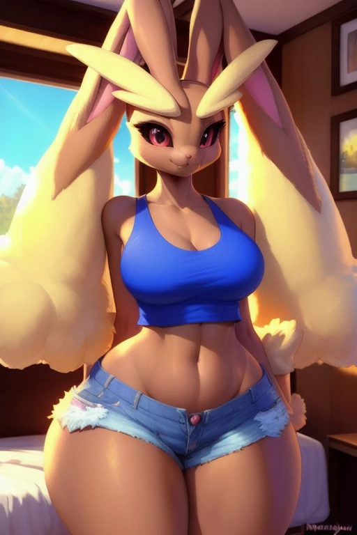 uploaded on e621, explicit content, 3d:0.7, cutesexyrobutts, hioshiru, female, solo, lopunny, short round fluffy tail, bedroom setting, (Yellow racerback tank top, Jean shorts), (large breasts, natural breasts, breast sag:0.8), thick thighs, wide hips, three-quarter portrait, closeup
