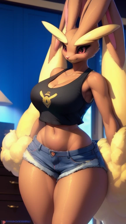 uploaded on e621, explicit content, 3d:0.7, cutesexyrobutts, hioshiru, female, solo, lopunny, short round fluffy tail, bedroom setting, (Yellow racerback tank top, Jean shorts), (large breasts, natural breasts, breast sag:0.8), thick thighs, wide hips, three-quarter portrait, closeup
