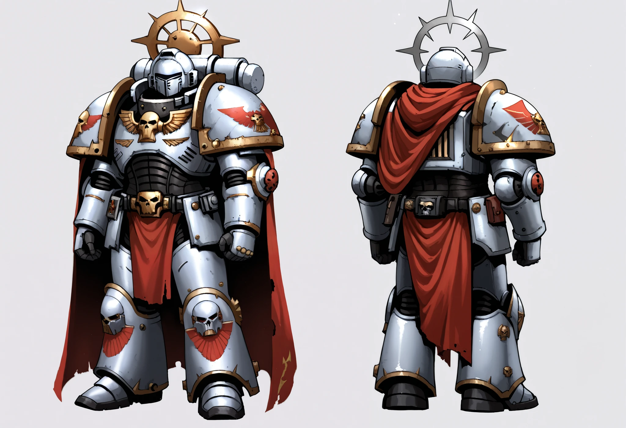 Anime, Concept art, Absurd resolution, high resolution, (masterpiece: 1.4), hyper-detail, warhammer 40k terminator armor, Juggernaut armor, heavy armor, knight,  full body, glowing weapon, cloak, silver armor, edgy, grimdark, octosoup, 1man, bulky, buff, red plume, loin cloth, primaris helmet, reference sheet, iron halo, grey knight, space marine, GreyK40k, reference sheet, symmetrical,