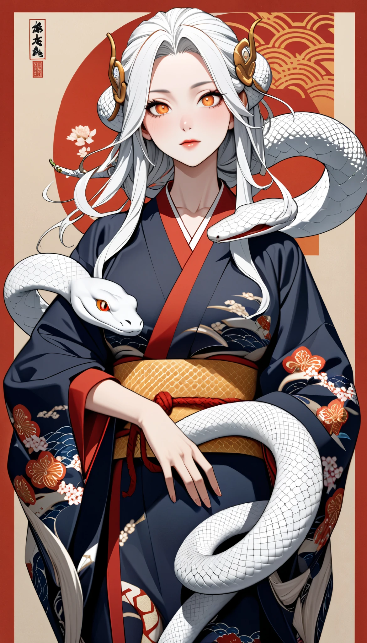 zodiac（snake）Personification of, White Snake, kimono（white）, Kimono remade wide pants, Casual upper body(Bleaching、bandage）, Flutter your coat and dance gracefully,  very beautiful face , An innocent modern snake god who plays with a giant white snake, snake hair ornament, orange eyes, snake pupils, Ukiyo-e, depth of field, cowboy shot, UHD, retina, masterpiece, accurate, textured skin, anatomically correct, super detail, high details, high quality, highres, best quality, award winning, 16k