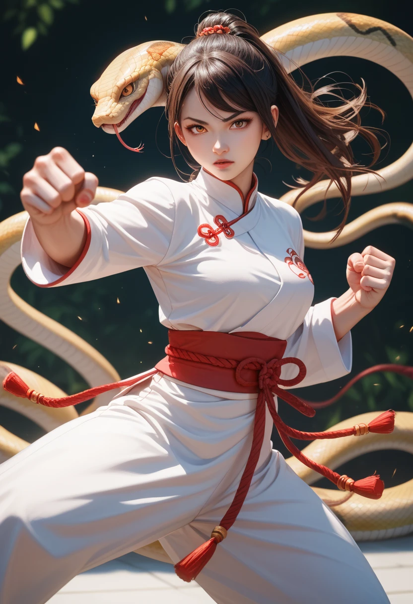 Chinese Martial Arts Stance、Snake Fist、 Open Her Hands and Stretch Her Fingertips、Ready 、 Girl in a Chinese Dress 、I can see the snake's aura