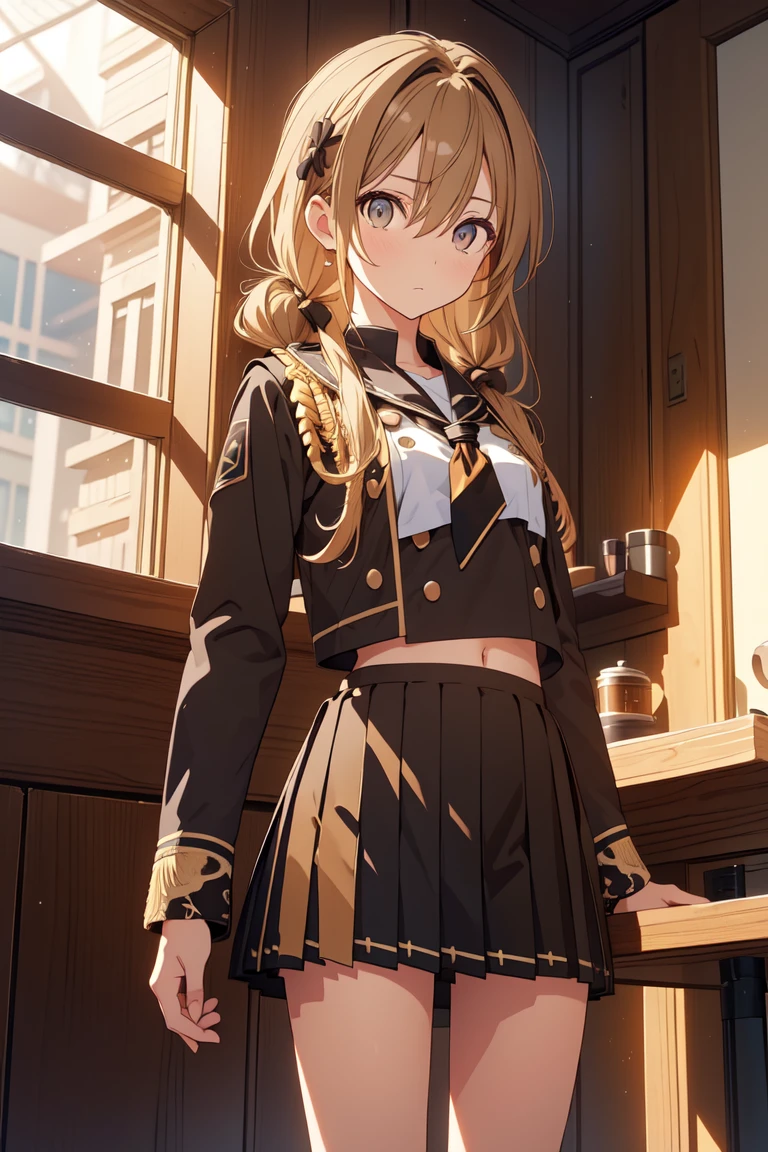 Yami、Golden Darkness、Blonde, ( brown eyes:1.5),  twin tails, 
break　( black uniform:1.5)
break pool,朝日 
break looking at viewer, ( cowboy shot:1.5), 
break (masterpiece:1.2),  top quality ,  high res, Unity 8k wallpaper , ( illustration:0.8), ( beautiful detailed eyes:1.6),  Extremely Detailed Faces,  perfect lighting, Highly detailed CG, (perfect hand,  Perfect Anatomy),
break (flat chest:1.3)、　(scrawny legs:1.5)、