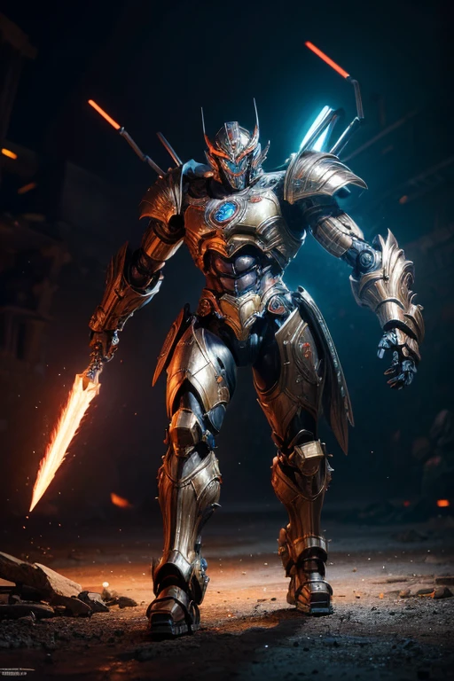 a highly detailed robot gladiator in a fantasy anime style, muscular robotic warrior in a futuristic arena, complex intricate mechanical design, glowing lights, dramatic action pose, cinematic lighting, vibrant colors, digital painting