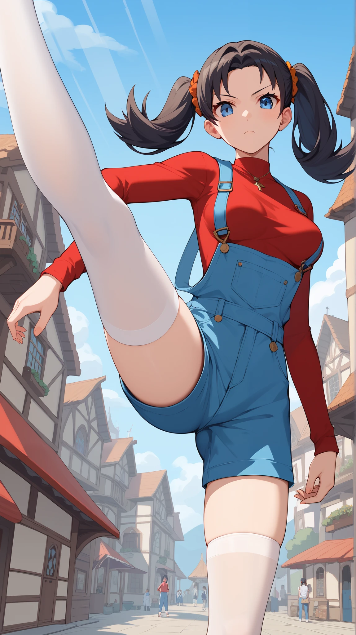 (( top quality )), ((masterpiece)), ( Details), 1girl,  sexy, blue-black hair color,  twin tails,  long hair,  blue eyes, red long sleeve shirt , blue shorts overalls,  white knee-high stockings reflective on glass floors,  absolute domain,  thighs, orange laces ,  Tall,  ANIME COLORING BOOK,  Watch Viewers , 1 Female, Age 18,  is standing, whole body,  dynamic poses in a crowded store,  high kick,  slim figure,  serious expression, Ample breasts, town, Two legs, two arms,