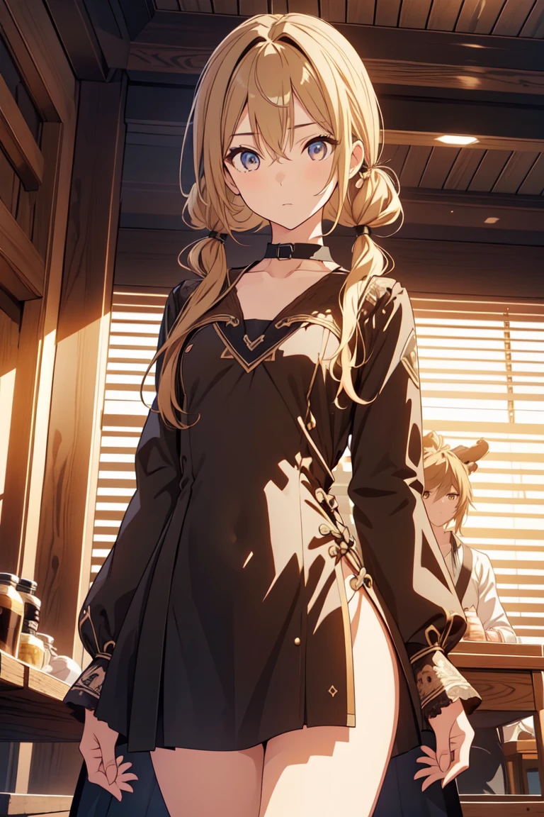 Yami、Golden Darkness、Blonde, ( brown eyes:1.5),  twin tails, 
break　( black dress:1.5)
break pool,朝日 
break looking at viewer, ( cowboy shot:1.5), 
break (masterpiece:1.2),  top quality ,  high res, Unity 8k wallpaper , ( illustration:0.8), ( beautiful detailed eyes:1.6),  Extremely Detailed Faces,  perfect lighting, Highly detailed CG, (perfect hand,  Perfect Anatomy),
break (flat chest:1.3)、　(scrawny legs:1.5)、