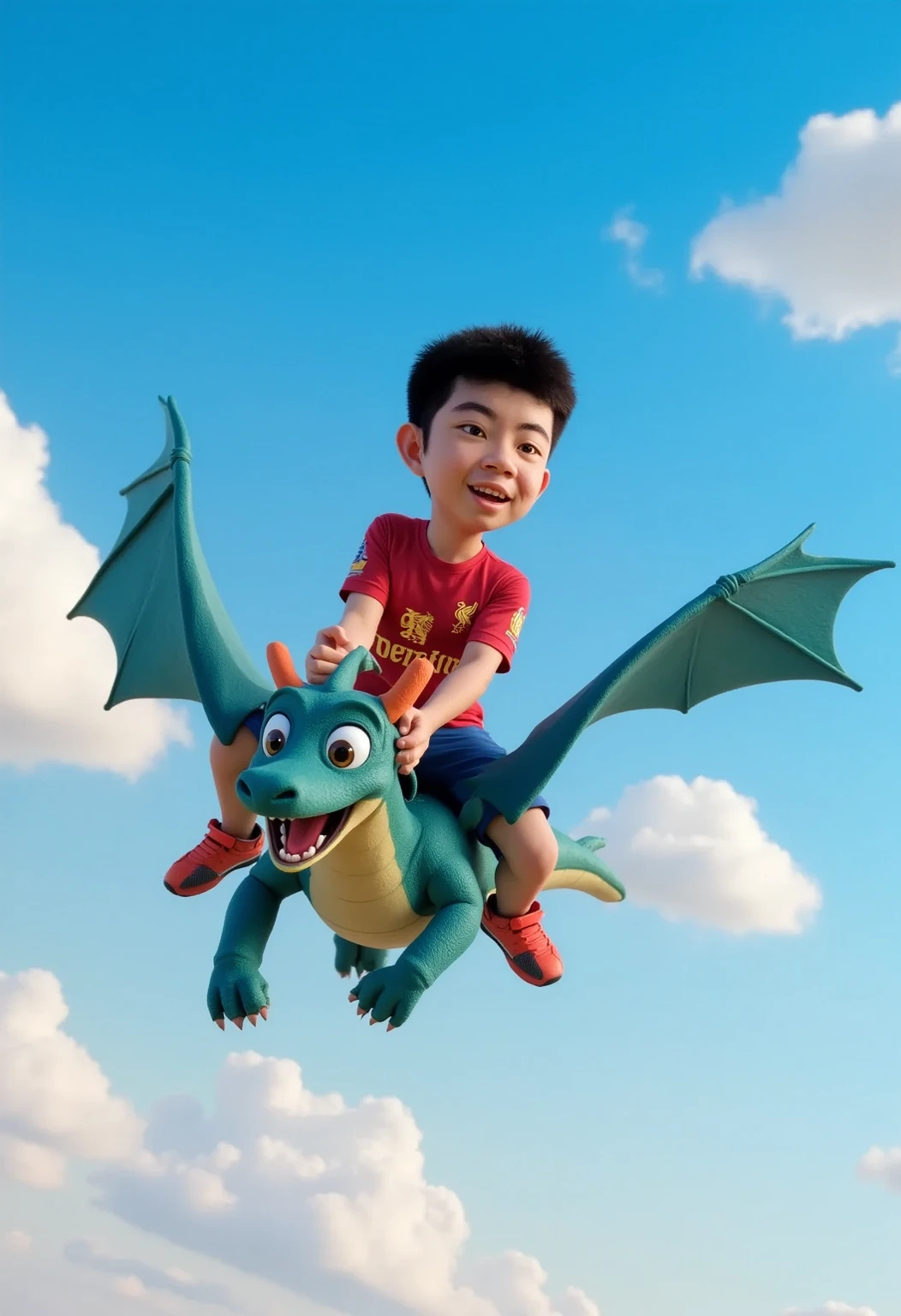 3D Pixar, A boy wearing  a red "Liverpool" T-shirt riding on the back of a  dragon that wearing a blue "Leicester City" T-shirt fly on the sky laughing and having fun.