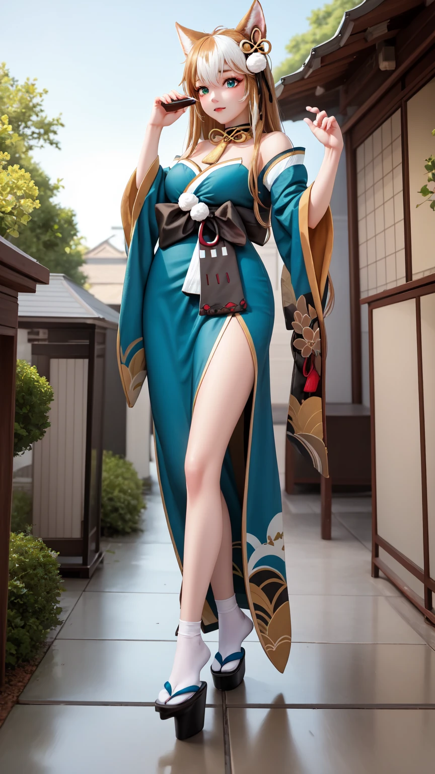  masterpiece,  best quality,  HIGH QUALITY,  full body,  outdoor,   looking at the spectator, 1 girl,  dynamic pose , hina-fi , Bicolor fur,  Japanese clothing , Green Kimono, cola,  bare shoulders ,cola, with cola,caderas anchas,beautiful,beautifuls piernas, seductive face, seductive look, seductive face