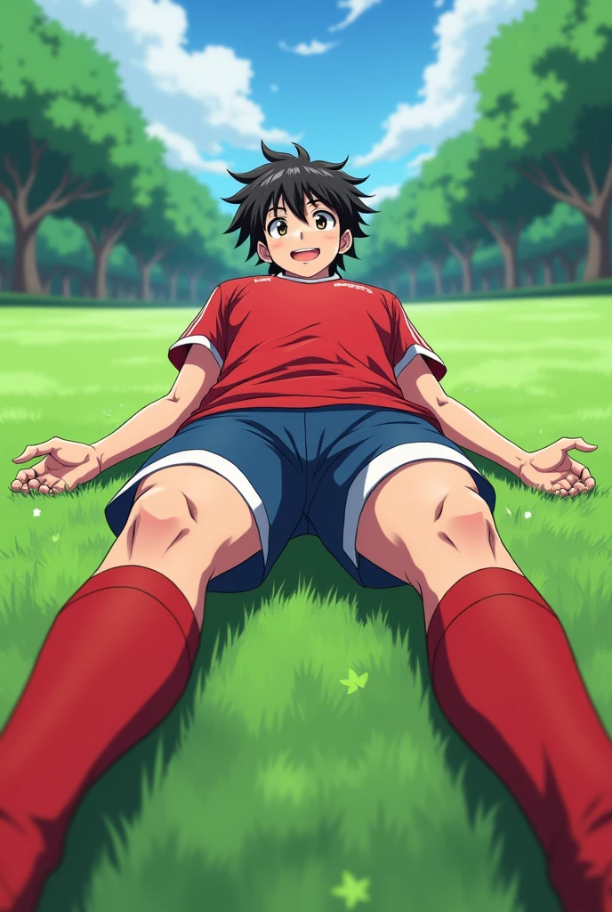 score_9, score_8_up, score_7_up, score_6_up, source_anime, outdoors, field, tree, shade, fisheye, foreshortening, 1boy, solo, young, sitting, foot focus, soccer uniform, dirty, taking off shoes, sneakers, looking at viewer, barefoot, sole <lora:boys_factoryXL_AMXL_v3b:0.9>