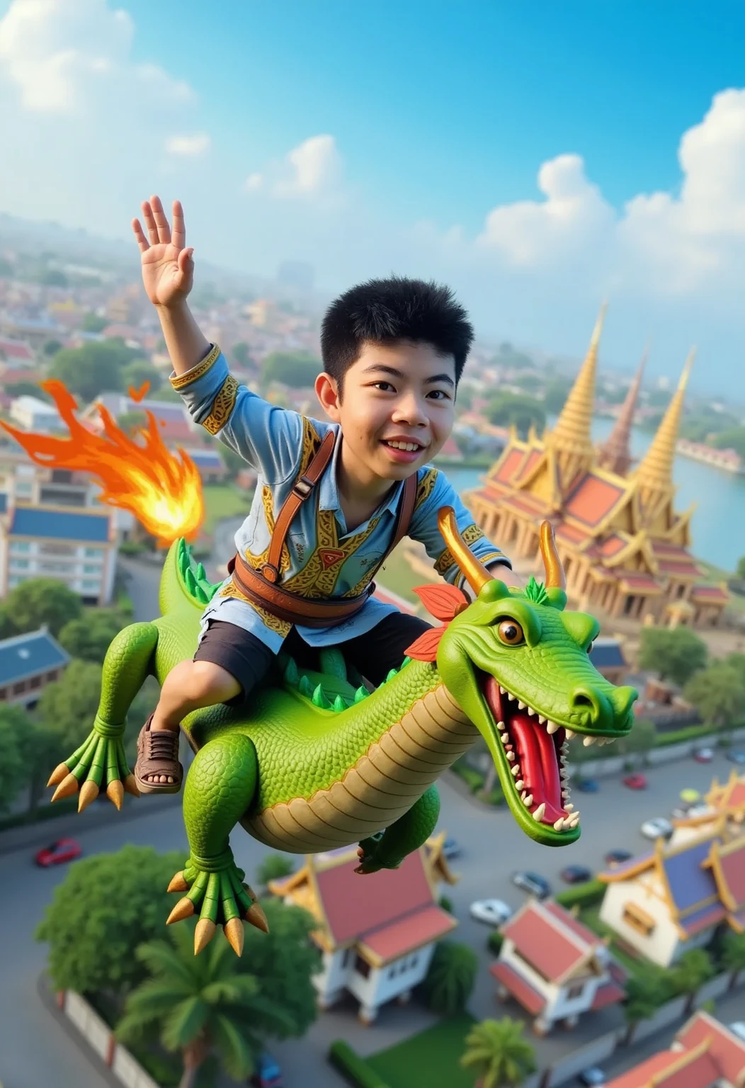 A 3D Pixar-style image featuring a boy dressed in a traditional warrior outfit riding on the back of a green dragon that is breathing fire. The scene is set in the vibrant cityscape of Bangkok, Thailand, with iconic landmarks such as the Grand Palace and Wat Arun visible in the background. The dragon and the boy are flying through the sky, radiating a sense of adventure and excitement, with a bright and dynamic atmosphere showcasing the cultural richness of the location.
