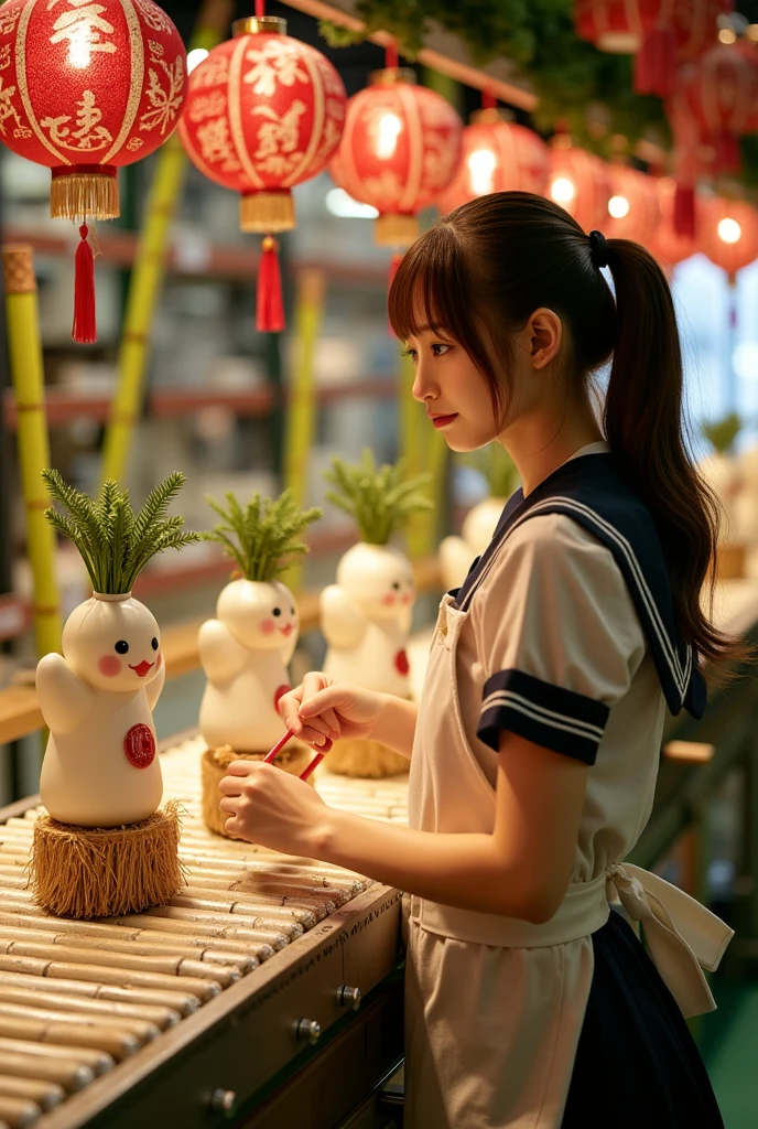 ultra-realistic, photorealistic, dramatic scene, shadow, global-illumination, solo, very beautiful Japanese woman, she is high ****** student, she works part-time at the factory, very beautiful with very cute but boyish cool face, wearing high school sailor uniform, she is working at the factory, She is decorating a cute radish character statue that is being carried on a conveyor belt, Many identical statue are being carried on a conveyor belt in an orderly fashion, statue\(Japanese New year's bamboo with radish decoration that locating at the entrance of the home, cute daikon radish character, smiled cute face, medium length, chubby, arranged with three cut bamboo stalks of varying heights that standing upright in the center and surrounded by pine branches and secured with a straw mat\), the factory is gorgeously decorated with bamboo and festive new year's celebration, shoot from side