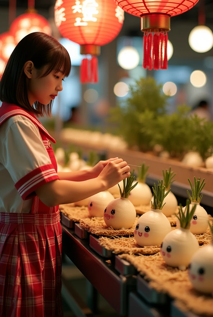 ultra-realistic, photorealistic, dramatic scene, shadow, global-illumination, solo, very beautiful Japanese woman, she is high ****** student, she works part-time at the factory, very beautiful with very cute but boyish cool face, wearing high school sailor uniform, she is working at the factory, She is decorating a cute radish character statue that is being carried on a conveyor belt, Many identical statue are being carried on a conveyor belt in an orderly fashion, statue\(Japanese New year's bamboo with radish decoration that locating at the entrance of the home, cute daikon radish character, smiled cute face, medium length, chubby, arranged with three cut bamboo stalks of varying heights that standing upright in the center and surrounded by pine branches and secured with a straw mat\), the factory is gorgeously decorated with bamboo and festive new year's celebration, shoot from side