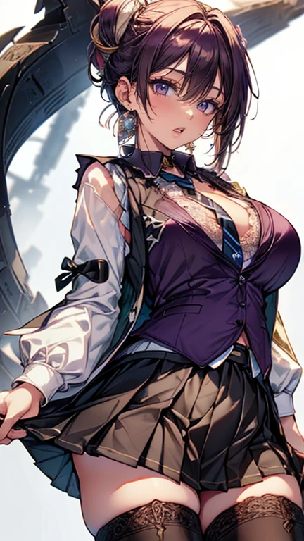 Beautiful woman, sparkling eyes, false eyelashes, pink lips, big and full breasts, mini skirt, two arms, Thumb and four fingers, anatomically correct fingers, Detailed description, hard rock,