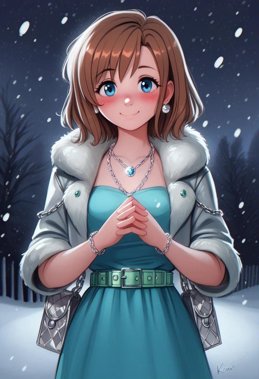 kousaka honoka , blue eyes, brown hair, (blushing), winter,standing, smile, snowing,hands together, night,score_9, score_8_up, score_7_up, score_6_up,p4l0m4, webcomic,hentai,solo,Sleek satin dress in a deep emerald green, Sparkling silver belt at the waist, Dangle earrings with cascading crystal drops, Delicate silver chain necklace with a teardrop-shaped sapphire pendant, Bangle bracelet with a row of round-cut emeralds, Metallic silver clutch bag with a jeweled clasp, Cropped silver faux-fur jacket