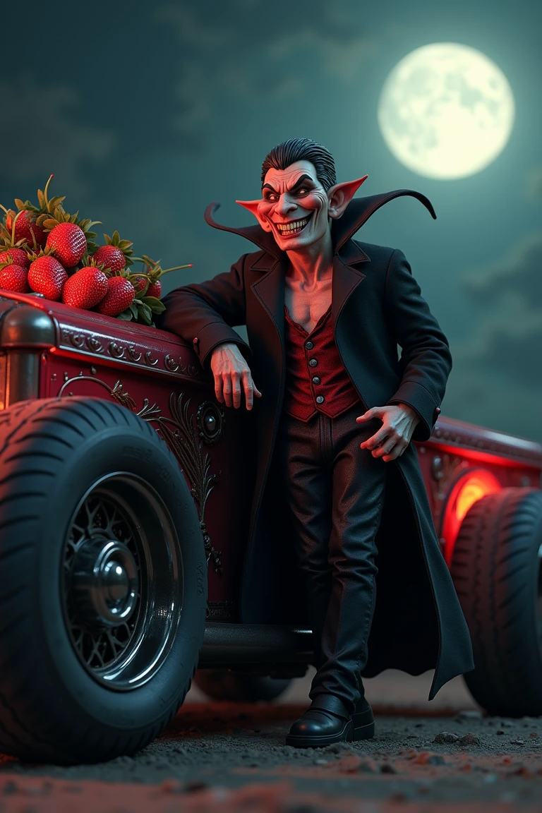 A highly detailed vampire with a strawberry-textured face flashes a mischievous grin while leaning casually against a hotrod coffin, its design featuring gothic engravings and glowing crimson highlights. The vehicle's oversized wheels kick up dust under the moonlit night, adding a dramatic aura to the eerie yet oddly charming figure. The 8K rendering captures every detail, from the fine seeds on the vampire's face to the intricate metalwork of the coffin car.