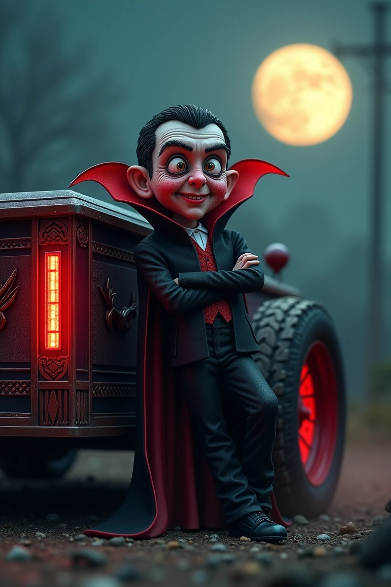 A highly detailed vampire with a strawberry-textured face flashes a mischievous grin while leaning casually against a hotrod coffin, its design featuring gothic engravings and glowing crimson highlights. The vehicle's oversized wheels kick up dust under the moonlit night, adding a dramatic aura to the eerie yet oddly charming figure. The 8K rendering captures every detail, from the fine seeds on the vampire's face to the intricate metalwork of the coffin car.