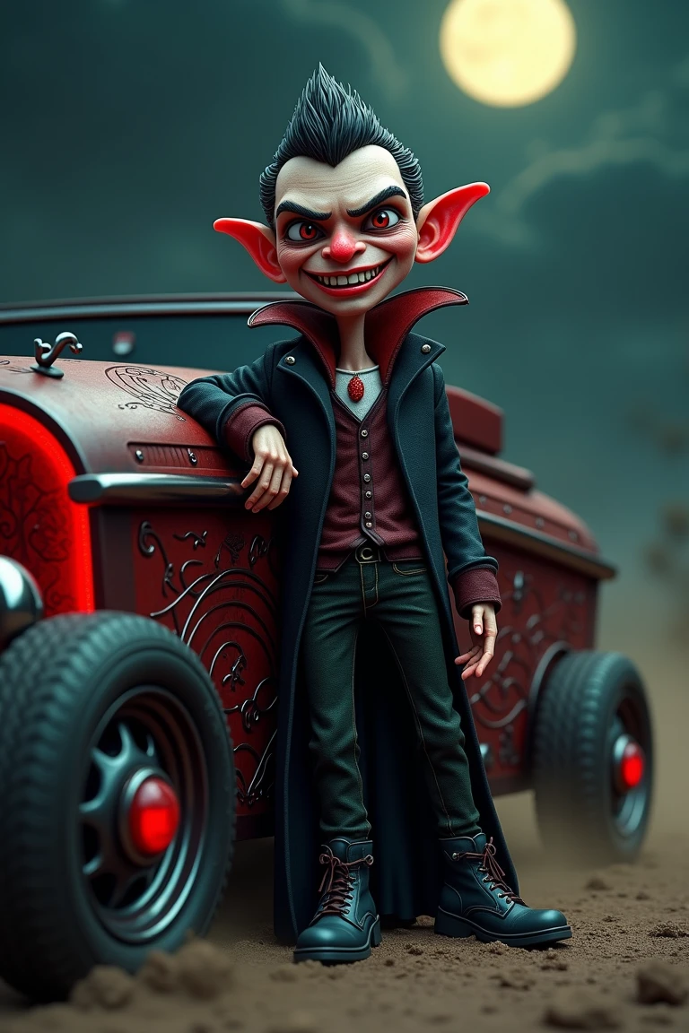 A highly detailed vampire with a strawberry-textured face flashes a mischievous grin while leaning casually against a hotrod coffin, its design featuring gothic engravings and glowing crimson highlights. The vehicle's oversized wheels kick up dust under the moonlit night, adding a dramatic aura to the eerie yet oddly charming figure. The 8K rendering captures every detail, from the fine seeds on the vampire's face to the intricate metalwork of the coffin car.