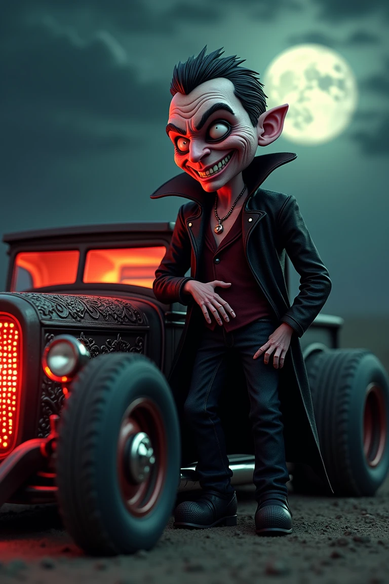 A highly detailed vampire with a strawberry-textured face flashes a mischievous grin while leaning casually against a hotrod coffin, its design featuring gothic engravings and glowing crimson highlights. The vehicle's oversized wheels kick up dust under the moonlit night, adding a dramatic aura to the eerie yet oddly charming figure. The 8K rendering captures every detail, from the fine seeds on the vampire's face to the intricate metalwork of the coffin car.