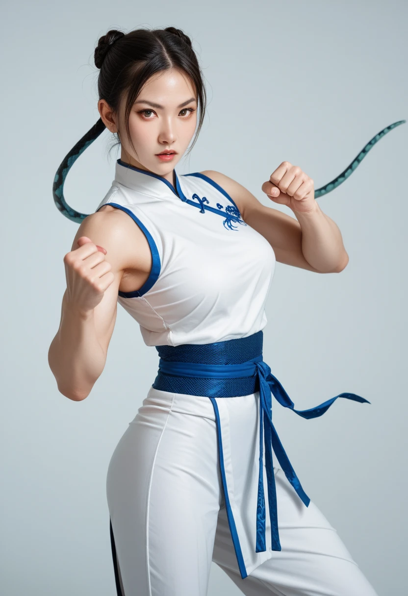 Chinese Martial Arts Stance、Snake Fist、 Open Her Hands and Stretch Her Fingertips、Ready 、 girl in a Chinese dress、I can see the snake's aura