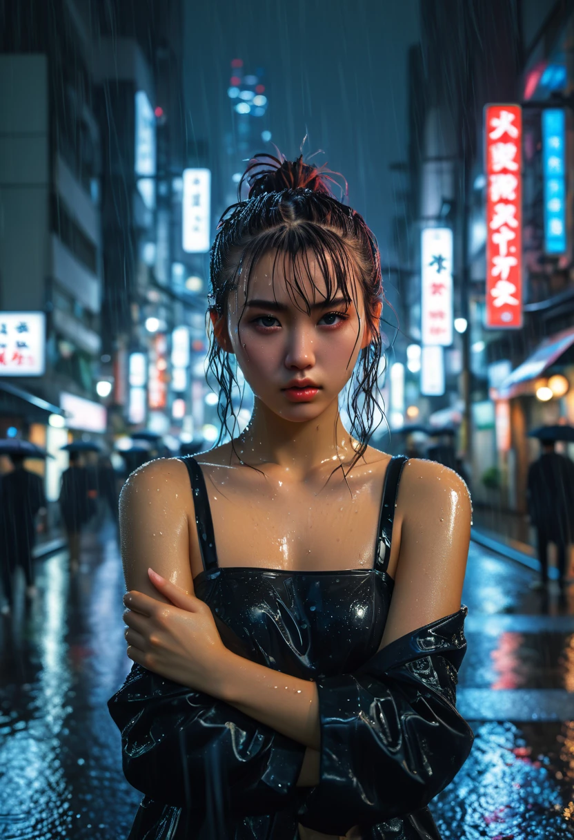 8k, RAW photo, best quality, masterpiece:1.2),(realistic, photo-realistic:1.37),Tokyo street,night, rain, wet,cityscape,night, cyberpunk city,soft light,1girl,, extremely beautiful face,bust,put down hands,Random hairstyle,Random hair color,Random expression,pigsney