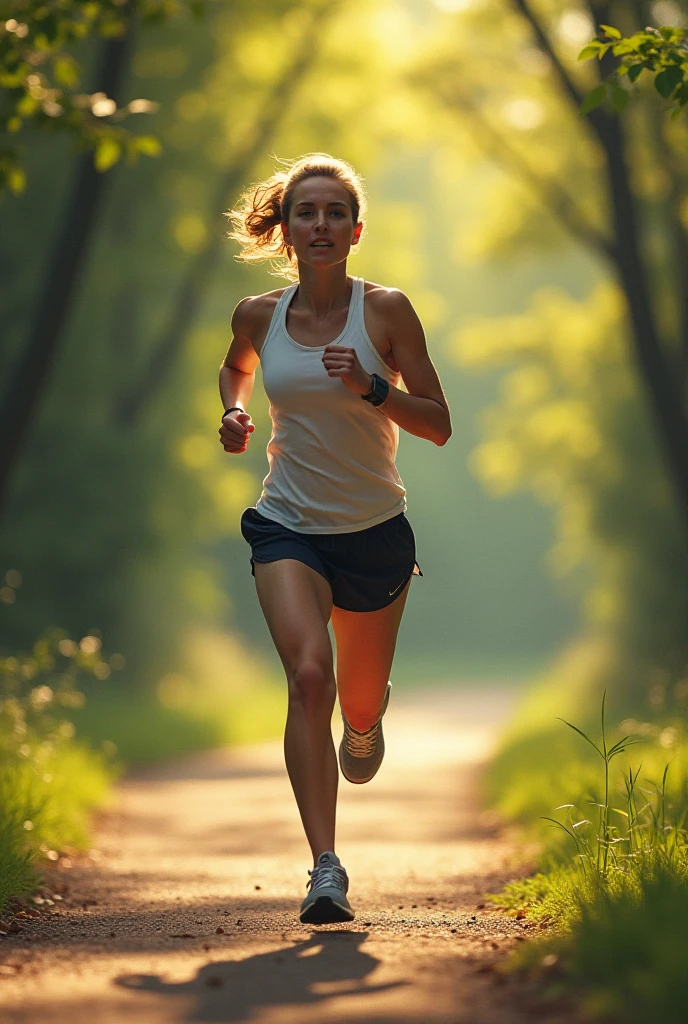 blonde young woman [running in the park in spring] at [prk on sunny day], professional color grading, soft shadows, no contrast, highly detailed, clean sharp focus, digital photography