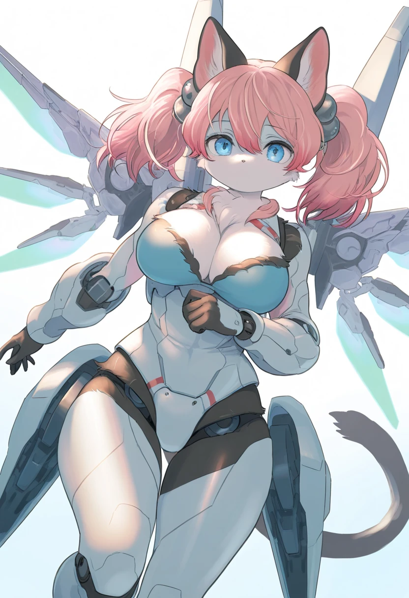 1girl, (furry, kemono:1.5), cat girl, animal nose, catears, cat tail, breasts, twintails, pink hair, blue eyes, no mouth, large breasts, robot joints, wings, mechanical wings, cleavage, looking at viewer, robot, mecha, android, mecha musume, science fiction, solo, humanoid robot, joints, masterpiece, best quality, very aesthetic, absurdres,