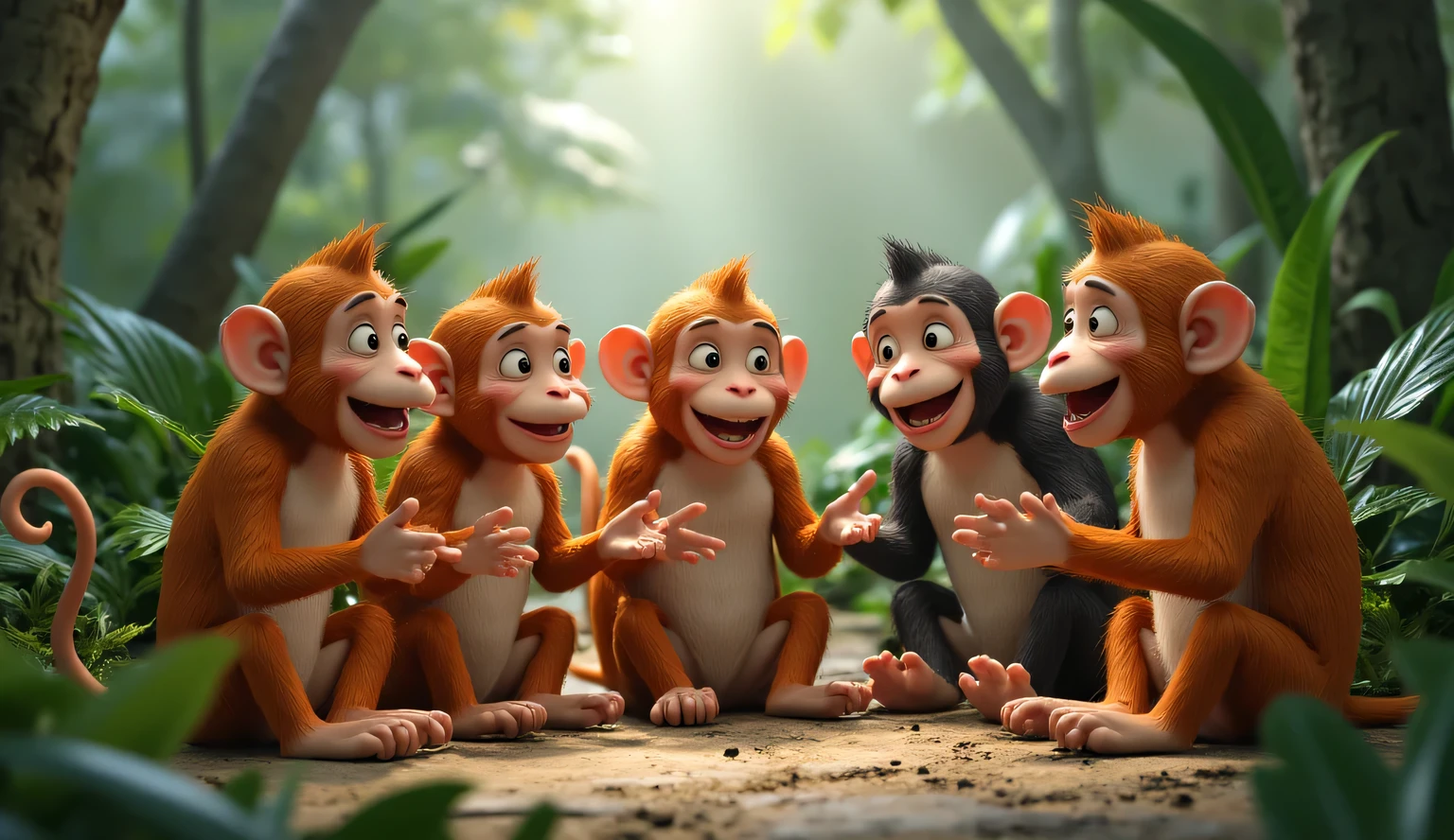 Monkeys sitting in a circle, laughing and acting out exaggerated storytelling gestures.