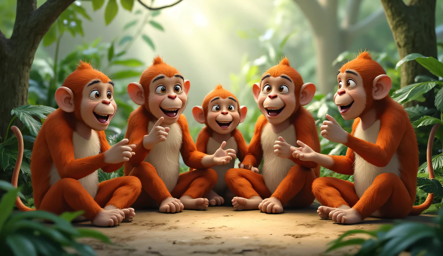 Monkeys sitting in a circle, laughing and acting out exaggerated storytelling gestures.