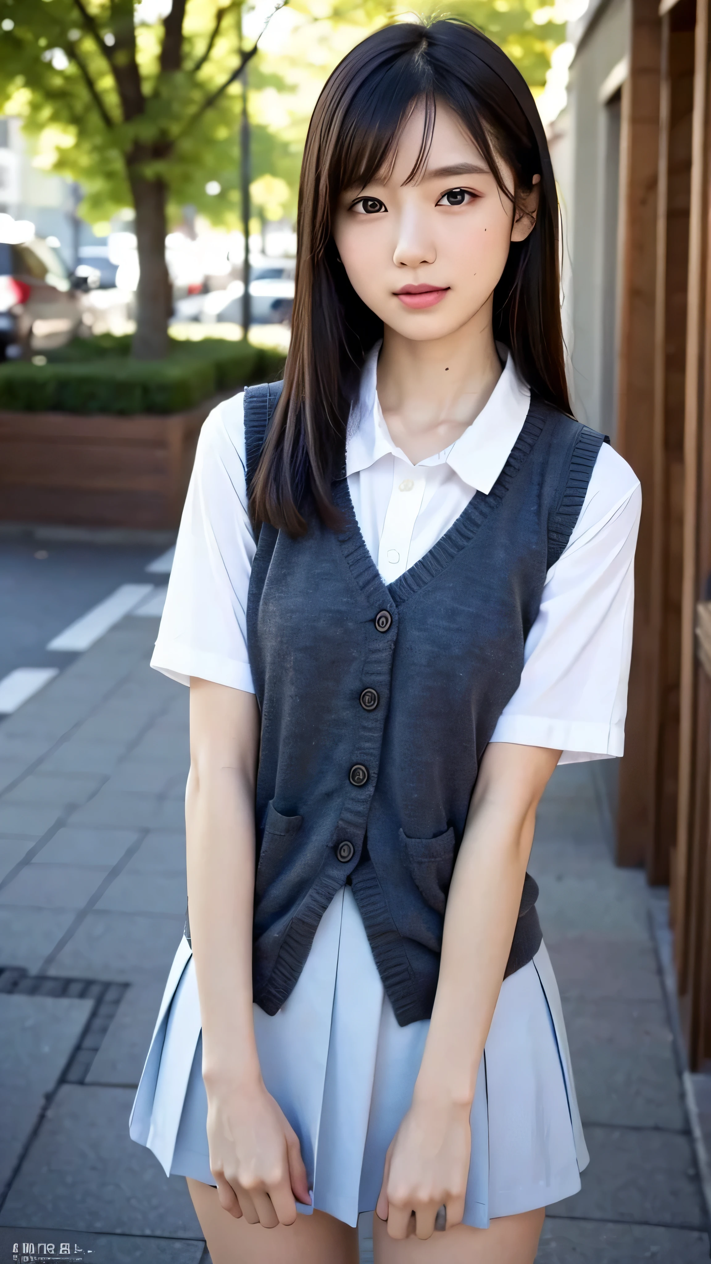  top quality ,  focus on face , Soft light,   super high res , ( Photorealistic :1.4),  RAW photos ,
 1 Japanese girl , Alone,  cute, (pupil,  light in the eyes ),   Detailed Beautiful Face , ( small breasts),( high resolution skin texture details),
( long hair),
 school uniform,  Charcoal Vest,  skirt ,
(Upper thigh)