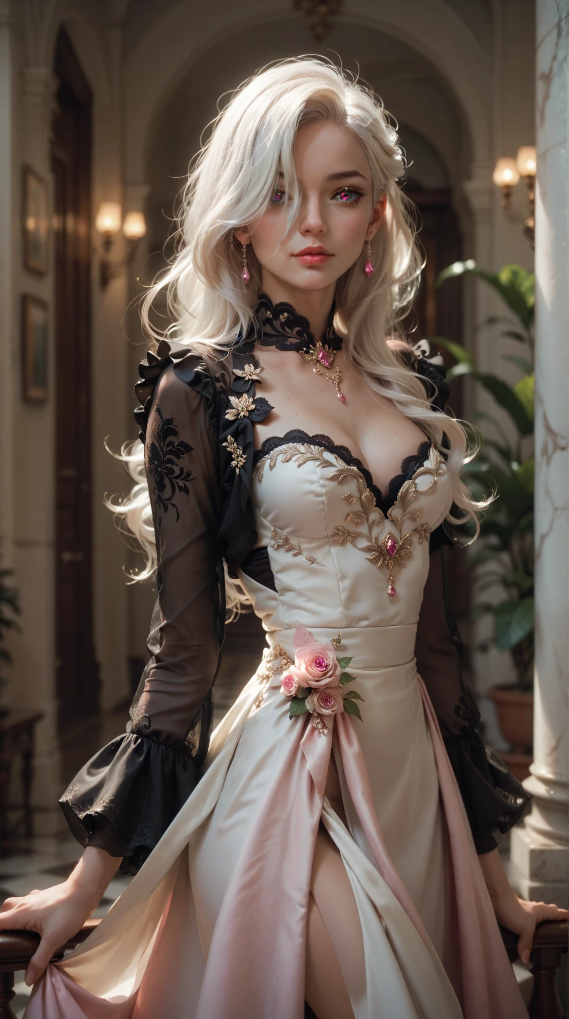  A lonely girl ，Very high quality ， with white hair and pink eyes， with long hair covering one eye ， wearing an elegant dress and dress ， expression Serene ， Hair detail rich ， with light and depth effect 。