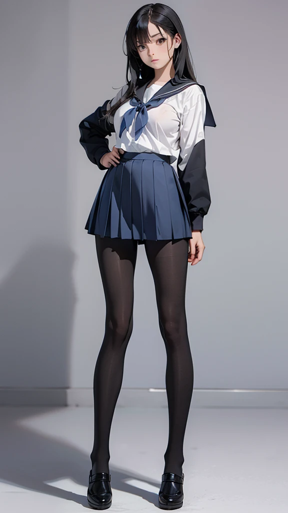 photo of a ginger 16yo girl, freckled face, face freckles, rosy, contemptuous look, 1 girl, solo, full body view, ponytail haircut,pale skin, big round , stand sexy pose, beautiful, ((pleated skirt with black tights under skirt)), ((oversized black sweater)), black high heel shoes