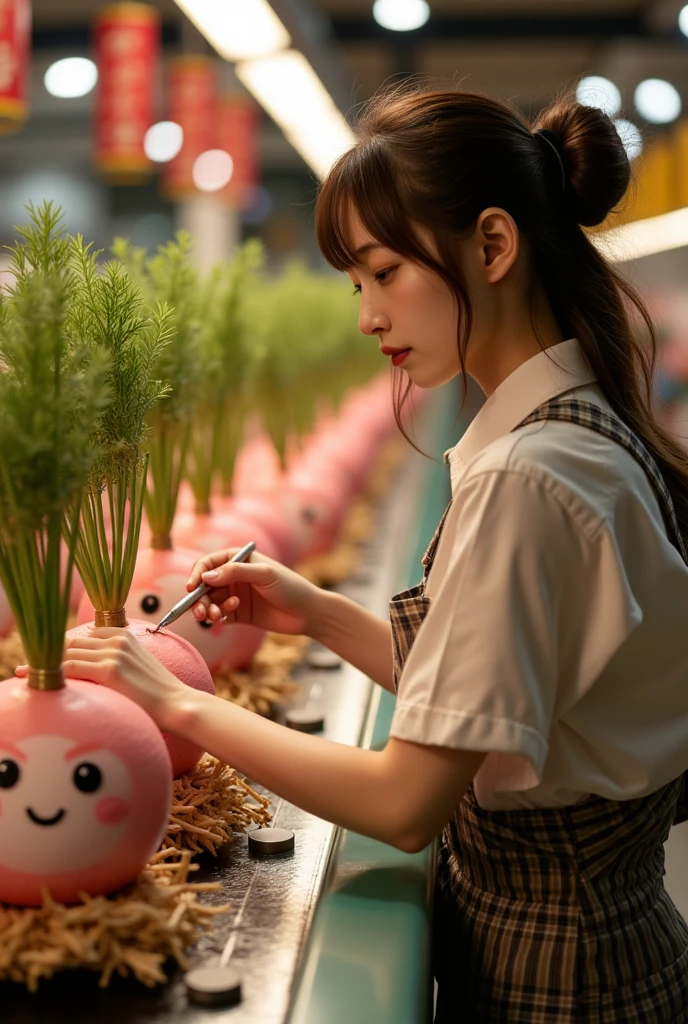 ultra-realistic, photorealistic, dramatic scene, shadow, global-illumination, solo, very beautiful Japanese woman, she is high ****** student, she works part-time at the factory, very beautiful with very cute but boyish cool face, wearing high school sailor uniform, she is working at the factory, She is decorating a cute radish character statue that is being carried on a conveyor belt, Many identical statue are being carried on a conveyor belt in an orderly fashion, statue\(Japanese New year's decoration that locating at the entrance of the home, cute daikon radish character, smiled cute face, medium long, chubby, arranged with three cut very thick bamboo stalks of varying heights that standing upright in the center and surrounded by pine branches and secured with a straw mat\), the factory is gorgeously decorated with bamboo and festive new year's celebration, shoot from side