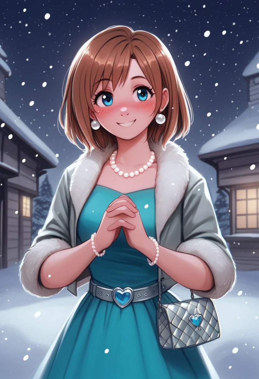 kousaka honoka , blue eyes, brown hair, (blushing), winter,standing, smile, snowing,hands together, night,score_9, score_8_up, score_7_up, score_6_up,p4l0m4, webcomic,hentai,solo,Sleek satin dress in a deep emerald green, Sparkling silver belt at the waist, Dangle earrings with cascading crystal drops, Delicate pearl necklace with a teardrop-shaped sapphire pendant, Bangle bracelet with a row of round-cut emeralds, Metallic silver clutch bag with a jeweled clasp, Cropped silver faux-fur jacket