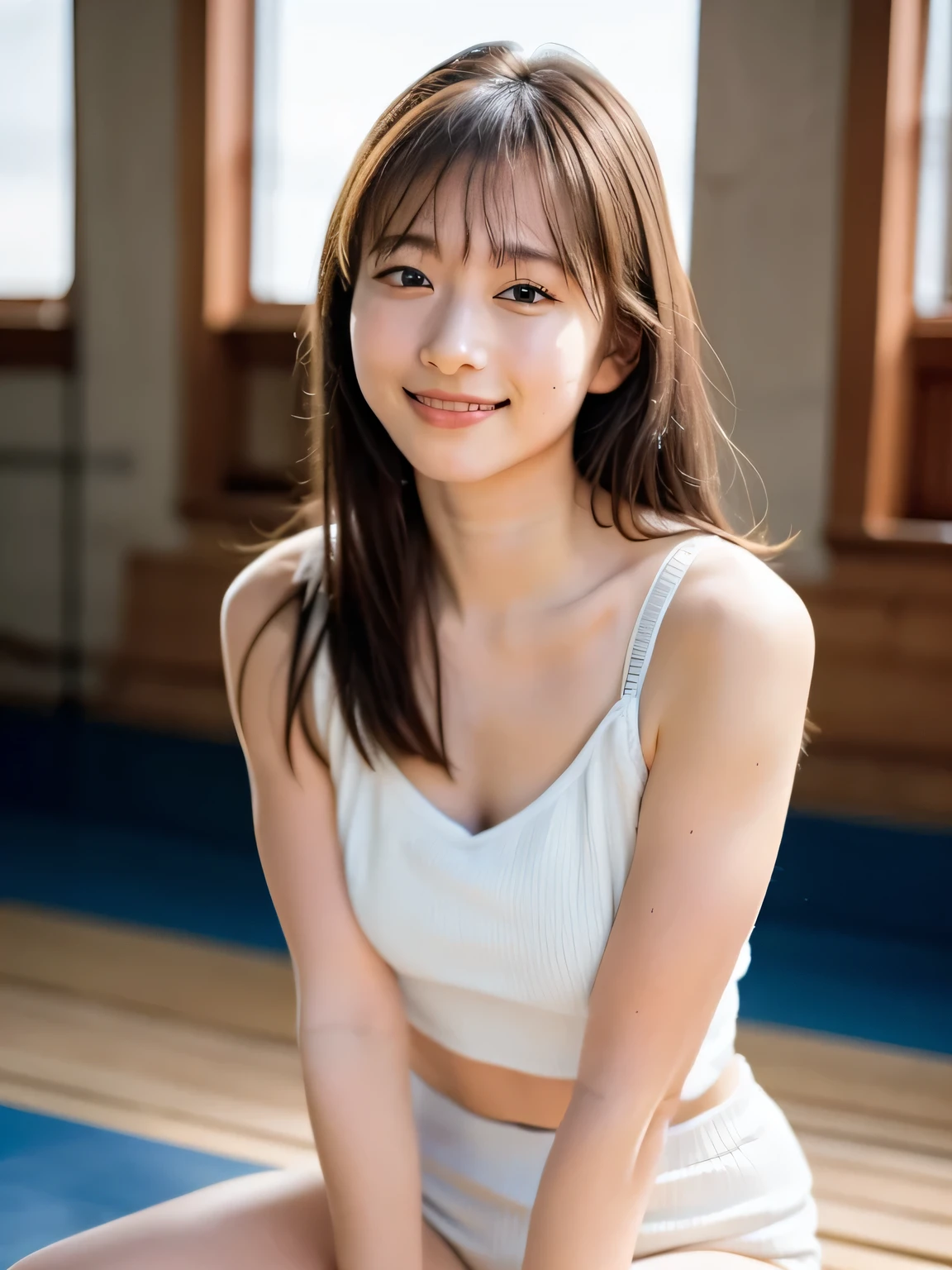 A young person sits on the polished wooden floor of a brightly lit gymnasium, their knees pulled close to their chest with arms wrapped securely around their legs. White panties are visible. The soft light from tall windows reflects off the glossy floor, casting gentle patterns around them. Their relaxed posture suggests a moment of quiet contemplation or rest, as they gaze thoughtfully at the open space ahead. The gym walls, marked with faded sports lines and a few scattered pieces of equipment, frame the serene yet reflective atmosphere. 20-year-old woman. smiles gently, FRIENDLY. ( RAW photos ,  top quality ), ( realistic, photo- realistic:1.4), masterpiece,  Extremely Delicate and Beautiful,  extremely detailed, 2k wallpaper,  amazing on the beach,  detailed depiction ,  extremely detailed CG unity 8k wallpaper,  ULTRA DETAIL,  high res, Soft light,  beautiful detailed girl looking back,  extremely detailed eyes and face,  beautiful detailed nose,  beautiful detailed eyes, cinematic lighting, Perfect Anatomy, slender body. 