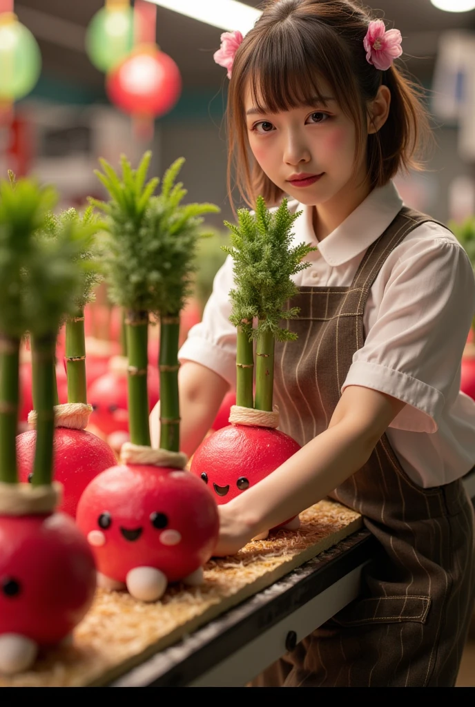 ultra-realistic, photorealistic, dramatic scene, shadow, global-illumination, solo, very beautiful Japanese woman, she is high ****** student, she works part-time at the factory, very beautiful with very cute but boyish cool face, wearing high school sailor uniform, she is working at the factory, She is decorating a cute radish character statue that is being carried on a conveyor belt, Many identical statue are being carried on a conveyor belt in an orderly fashion, statue\(Japanese New year's decoration that locating at the entrance of the home, cute daikon radish character, smiled cute face, medium long, chubby, arranged with three cut very thick bamboo stalks of varying heights that standing upright in the center and surrounded by pine branches and secured with a straw mat\), the factory is gorgeously decorated with bamboo and festive new year's celebration, shoot from side