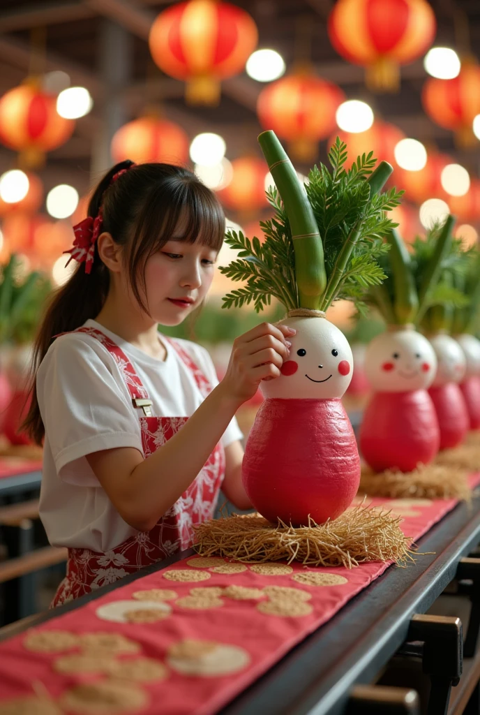 ultra-realistic, photorealistic, dramatic scene, shadow, global-illumination, solo, very beautiful Japanese woman, she is high ****** student, she works part-time at the factory, very beautiful with very cute but boyish cool face, wearing high school sailor uniform, she is working at the factory, She is decorating a cute radish character statue that is being carried on a conveyor belt, Many identical statue are being carried on a conveyor belt in an orderly fashion, statue\(Japanese New year's decoration that locating at the entrance of the home, cute daikon radish character, smiled cute face, medium long, chubby, arranged with three cut very thick bamboo stalks of varying heights that standing upright in the center and surrounded by pine branches and secured with a straw mat\), the factory is gorgeously decorated with bamboo and festive new year's celebration, shoot from side